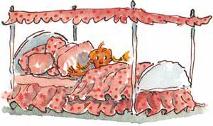 Bedtime! Illustration of little girl in pink bed